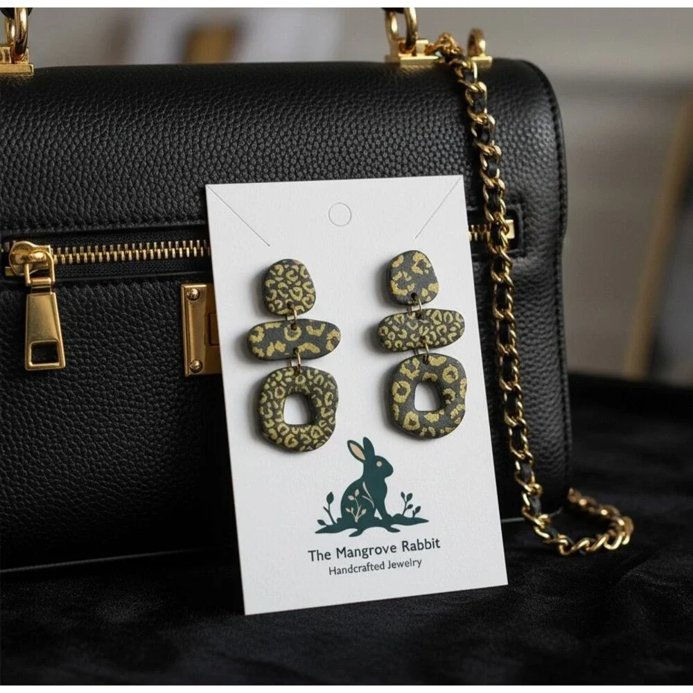 Polymer Clay Dangle Earrings Large Black & Gold Animal Print Handmade SS Posts